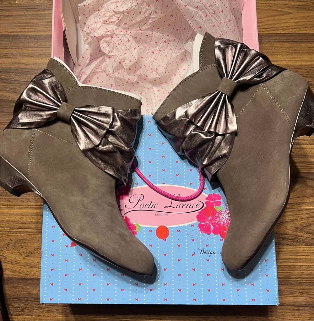 Poetic Licence Love Rush Grey Suede Ankle Boots with Metallic Bow